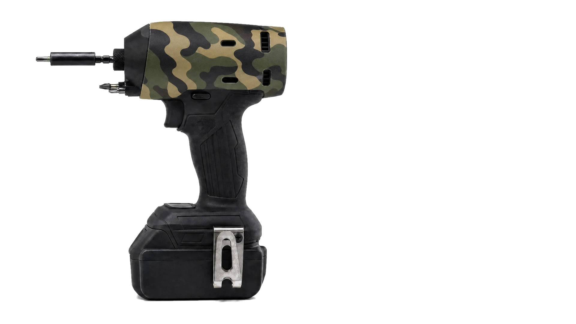 Toolcover Woodland Camo op professioneel gereedschap — zijaanzicht