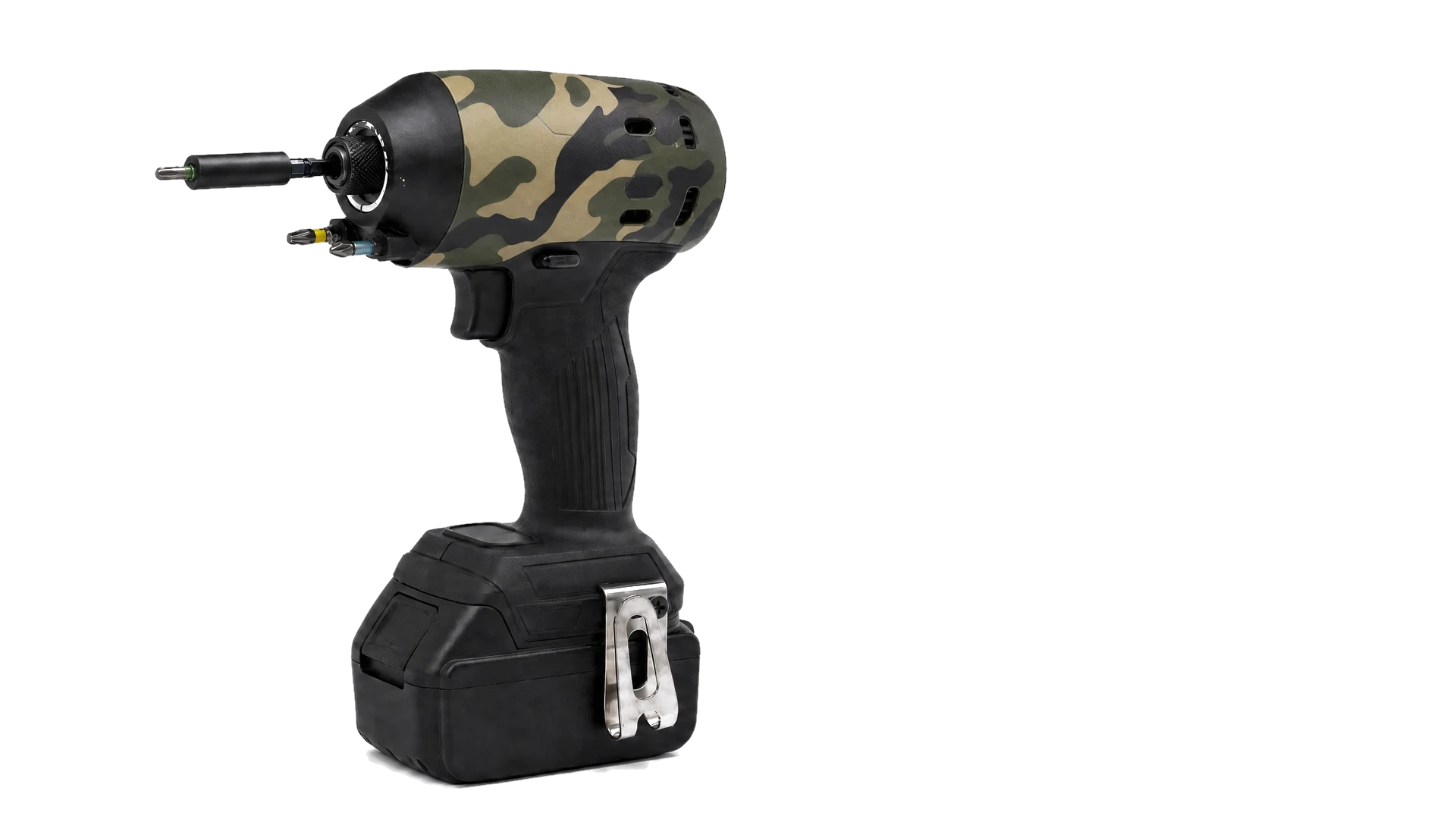 Toolcover Woodland Camo op professioneel gereedschap — driekwart aanzicht vanaf de andere zijde