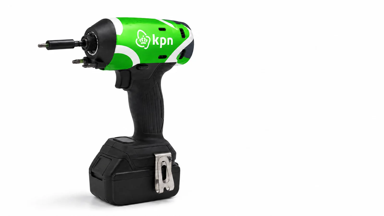 Toolcover KPN-concept op professioneel gereedschap — driekwart vooraanzicht