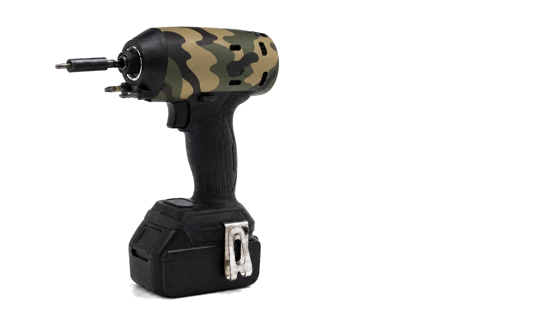 Toolcover Woodland Camo op professioneel gereedschap — driekwart vooraanzicht